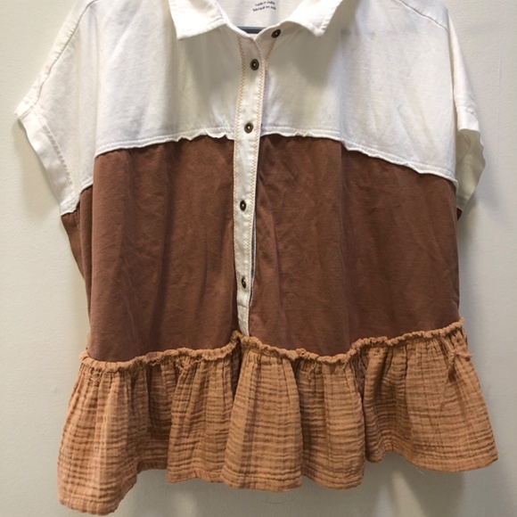 Pilcro - Anthropologie color block ruffle top Bonfire tiered hem Size 0X - EUC - Picture 2 of 5